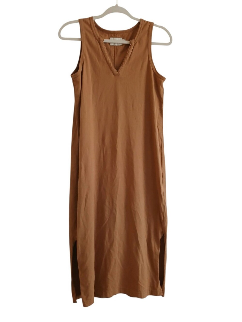 Pact 100% Organic Cotton Midi Dress S Washed Brown Side Slits Casual Comfy